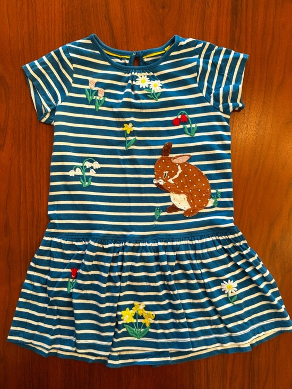 Mini Boden Blue Striped Applique Bunny Embroidered Kids Dress size 4-5